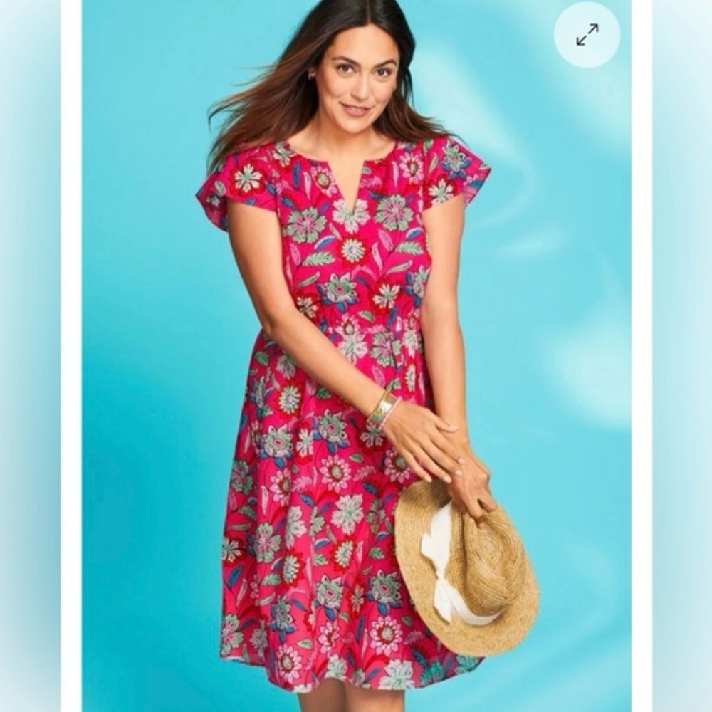 Talbots Flutter Sleeve Fit & Flare Dress Size 2 Pink Bold Floral Cotton